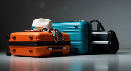 Naklejka premium Ready for Adventure Colorful Luggage Set with Hat and Scarf for Travel