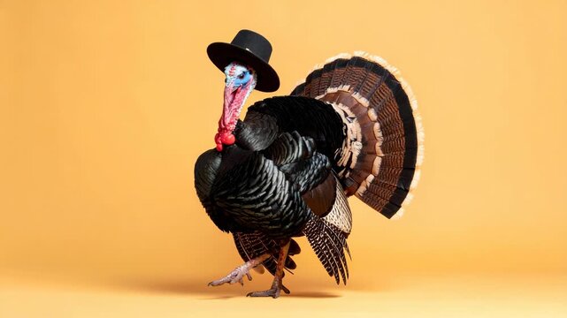 A fashionable turkey wearing a black hat and strutting against a warm yellow background