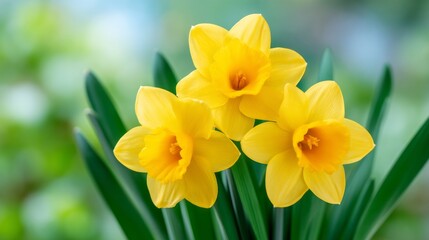 Fototapeta premium Bright yellow daffodils bloom with joy as Wales celebrates St Davids Day. The flowers stand out against a backdrop of lush greenery, symbolizing national pride and spring's arrival