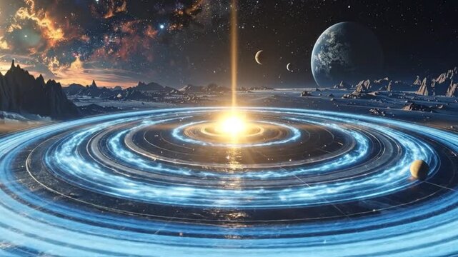 Abstract cosmic landscape with glowing rings, planets, and y mountains in the distance.