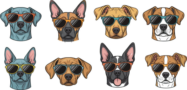 Group of eight dog heads wearing sunglasses in various breeds and colors dogs canine