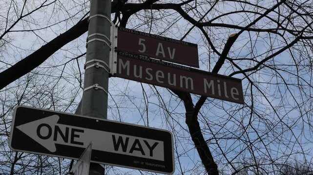 5th avenue museum mile sign on street signpost (light pole) in manhattan new york city upper east side (travel tourism art museums)