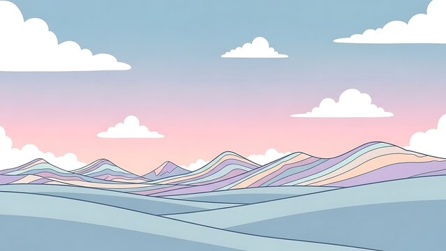 Abstract landscape illustration with colorful rolling hills and cloudy sky