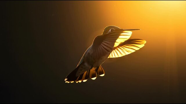 Flying Hummingbird in Warm Backlight Hovering Over Dark Silhouette