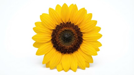 Fototapeta premium Vibrant sunflower with bright yellow petals and a dark brown center displayed against a plain white background no background