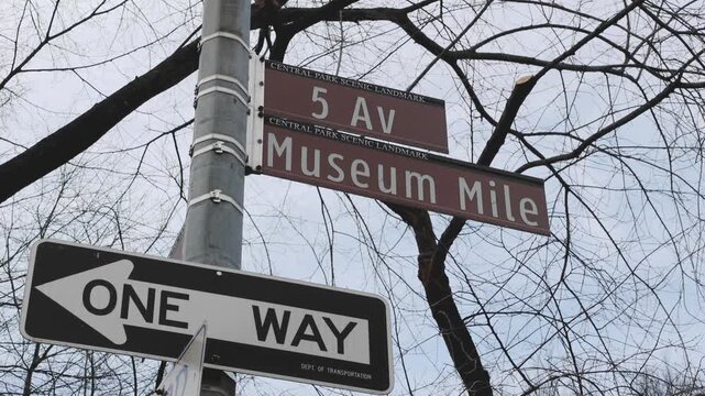5th avenue museum mile sign on street signpost (light pole) in manhattan new york city upper east side (travel tourism art museums)