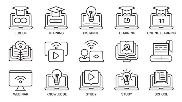 Black-and-white personalization icon set featuring online learning, study, and digital education.