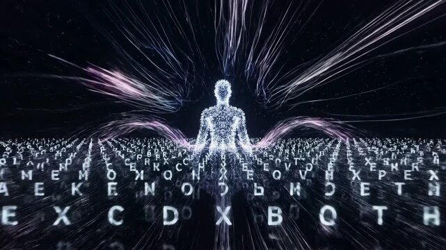 glowing hexagram and meditating avatar in deep space, swirling letter streams and radial particle tunnels, contemplative digital trance, cosmic code visualization, introspective ambient