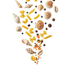 Bright culinary creativity artistic pasta and shells food photography isolated on transparent background