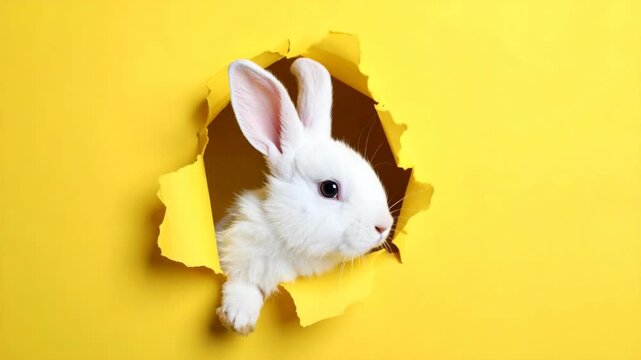 Adorable fluffy white bunny rabbit peeking through ripped yellow paper background