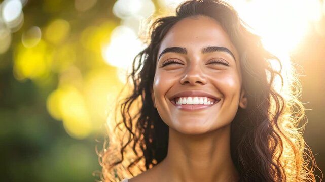 Joyful young woman with eyes closed and a wide smile bathed in warm sunlight