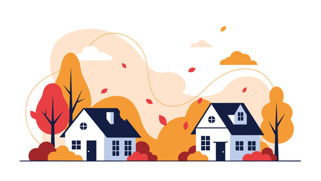 Peaceful neighborhood scene featuring two charming houses set against a backdrop of colorful autumn trees with falling leaves in the air.
