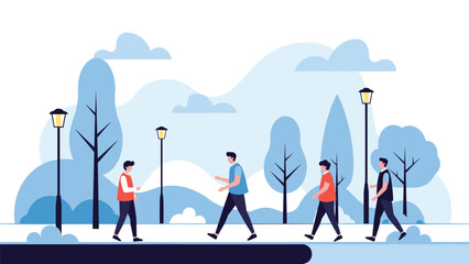 Obraz premium Clean and modern flat illustration of diverse people walking in a minimalist park styled in various shades of blue and white colors.