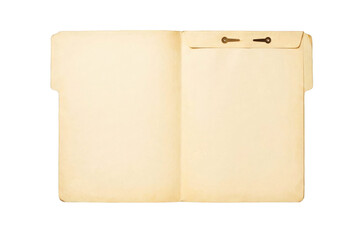 Open manila folder with string tie closure, blank worn document holder with empty pages, isolated