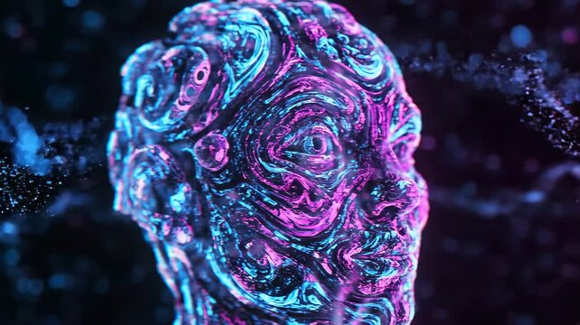 Vibrant neon sculpture with textures, Decorative neon bust featuring swirling patterns and shine, Brightly colored neon art piece with embossed textures and flowing shapes