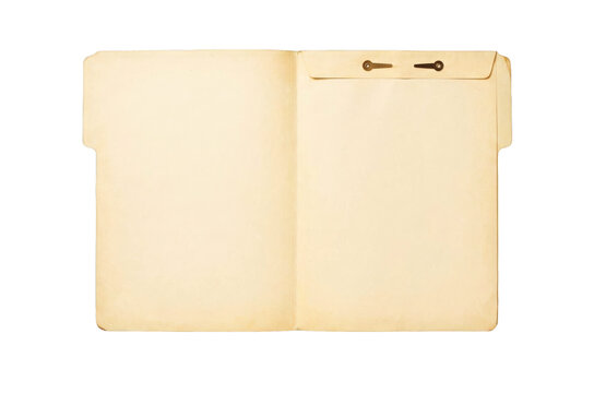 Open manila folder with string tie closure, blank worn document holder with empty pages, isolated