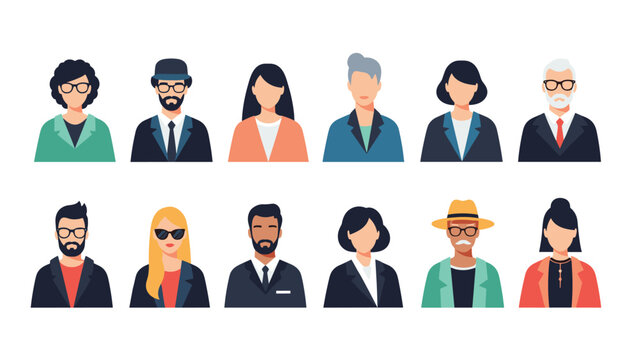 Collection of twelve diverse human avatars representing various ethnicities, ages, and professions in a clean flat illustration style.