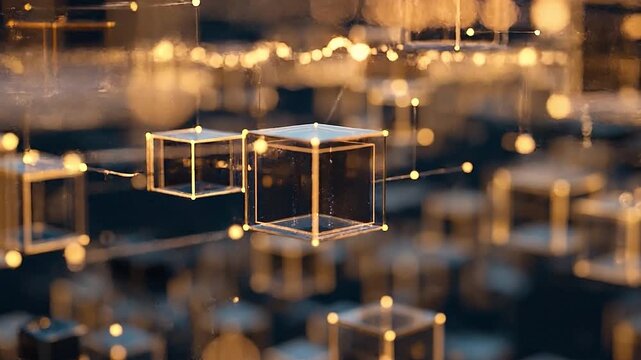 Cyber Cubes: Illuminated geometric structures dance within a digital realm, representing innovation and interconnection in the modern era. Capturing futuristic visuals with interconnected lines.