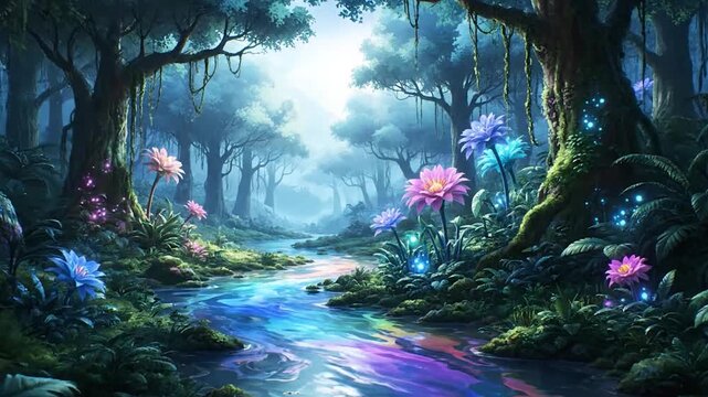 Magical forest scene with a colorful river, flowers, and glowing lights