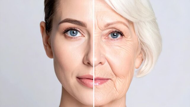 Split portrait showcasing youthful and aged female faces side by side