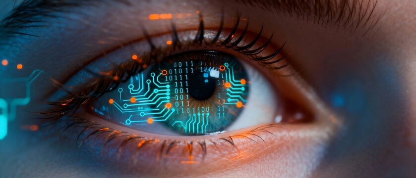 Close-up of a human eye with a futuristic digital circuit board pattern overlaid on the iris, representing artificial intelligence and advanced technology.