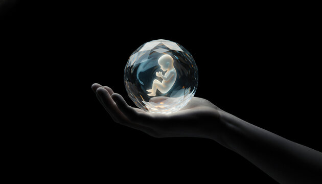 A delicate human fetus floats within a luminous multifaceted crystal sphere, gently cradled by an open palm, symbolizing life, potential, and the future.