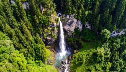 Aerial view of a stunning waterfall cascading through a lush, verdant mountain forest