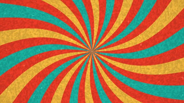 Retro rotating sunburst vintage abstract colorful radial striped background perfect for party invitations, event promotions, or nostalgic design projects.