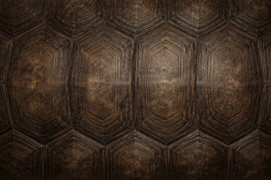 Turtle shell. Turtle shell pattern. Tortoise shell texture detail. Close Up detail of turtle shell. Reptile shell surface design. Realistic turtle shell texture. Turtle back pattern texture.