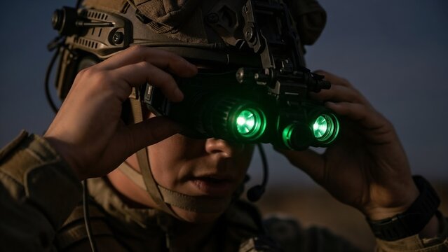 Soldier in khaki clothes adjusting night vision goggles at night, close up. Military night operations or surveillance