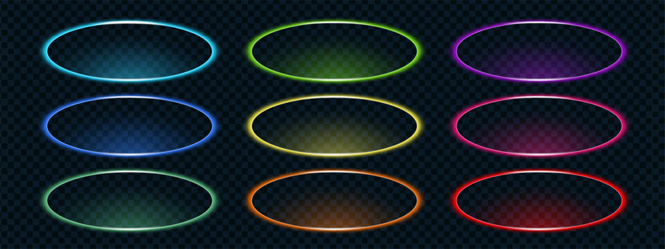 Neon call action oval frame set in multicolor glowing tones &mdash; blue, green, yellow, pink, red and orange. Bright luminous shapes for UI and futuristic digital effects.