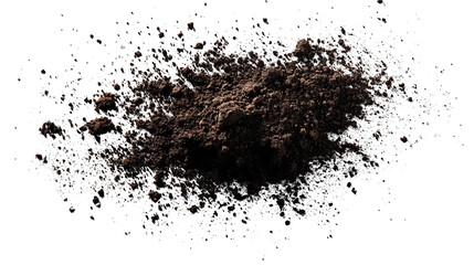 Heap of dark brown powder against a black background with scattered sparkles around it