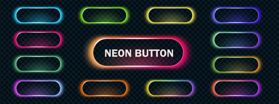 Bright neon 3d light box buttons with gradient mix of red, pink and yellow tones for dynamic call action design. These neon call action shapes look bold and glowing.