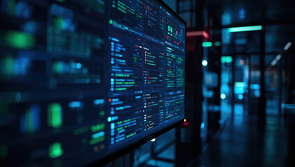 Naklejka premium Nighttime server room with glowing code display and cool blue lighting conveying focus
