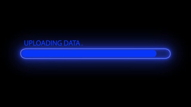 Neon Progress Bar Animation with Uploading Data Text on Black Background