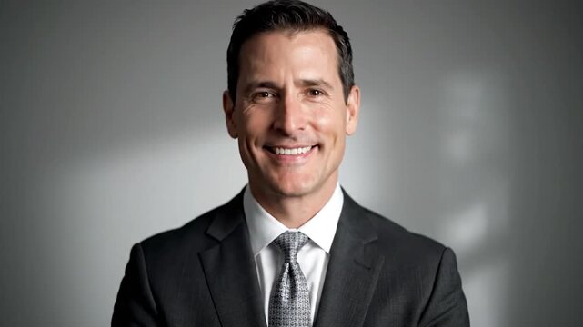 A well-groomed man smiles broadly, wearing a suit and tie, against a blurred gray backdrop