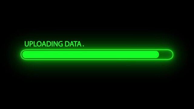 Neon Progress Bar Animation with Uploading Data Text on Black Background