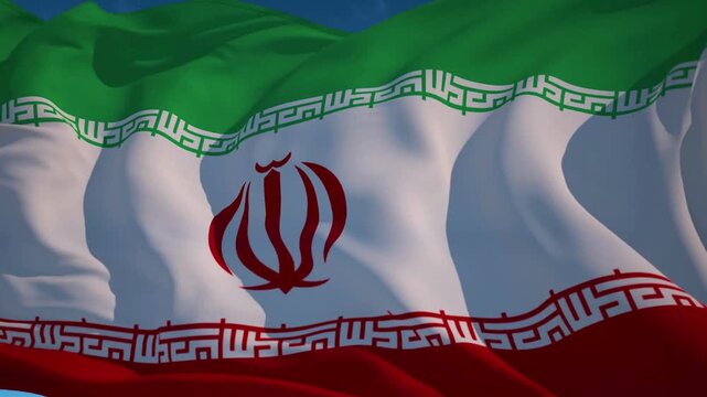  Beautiful National Flag of the Islamic Republic of Iran Waving Against a Clear Sky.