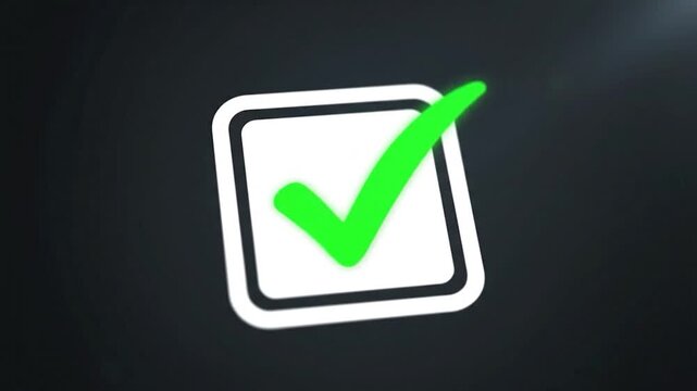 Glowing green check mark inside a white square on black background, soft focus