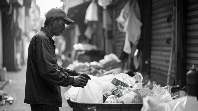 Elderly man sorting plastic waste in a gritty urban environment