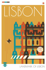 Naklejka premium Lisbon landmark poster in retro futurism style. Vintage printable vector cover, postcard, illustration. Futuristic, halftone Portugal city art with monument, tower