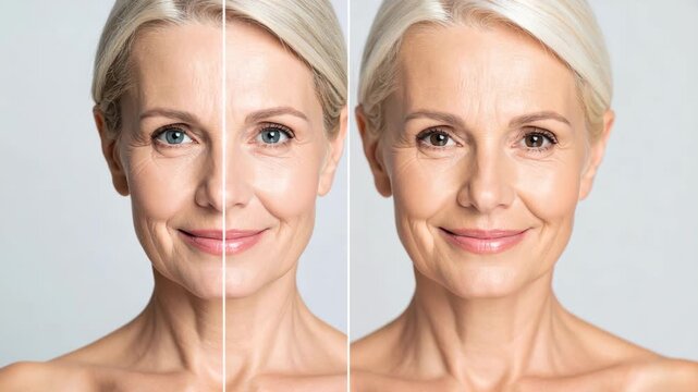 Split screen portrait of older woman comparing youthful and aged skin on gray background