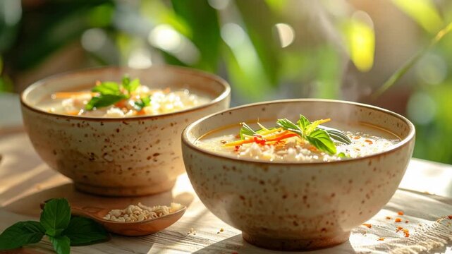 Steaming Hot Healthy Soup Bowls with Fresh Herbs and Vegetables