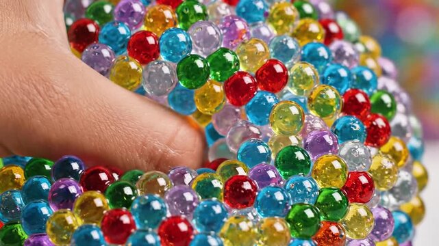 A hand holding a large cluster of multicolored glass marbles
