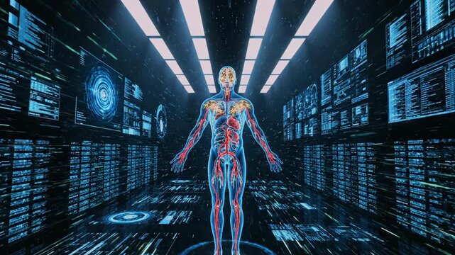 Digital full body vascular network in data lab, neon arteries and veins mapped over translucent anatomy, server room backdrop with floating code panels, bioinformatics analyst exploring