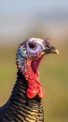 Turkey portrait. Colorful head, red wattle, against soft focus background