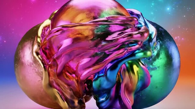 Two metallic spheres colliding and merging into a single entity in a colorful space scene