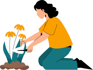 Woman Planting Flower Vector Illustration