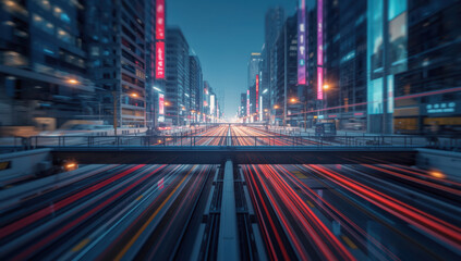 Obraz premium Neon city street with blurred light trails and modern skyline at dusk