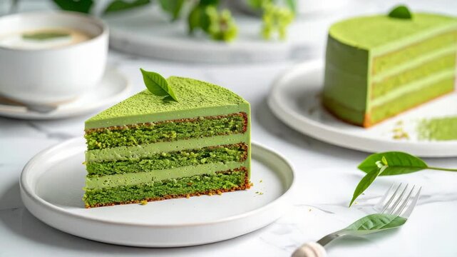Delicious matcha green tea cake slice with latte on marble table